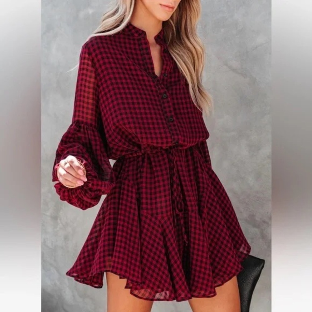 NWOT Vici Burgundy Check Tie Waist Mini Dress Small
